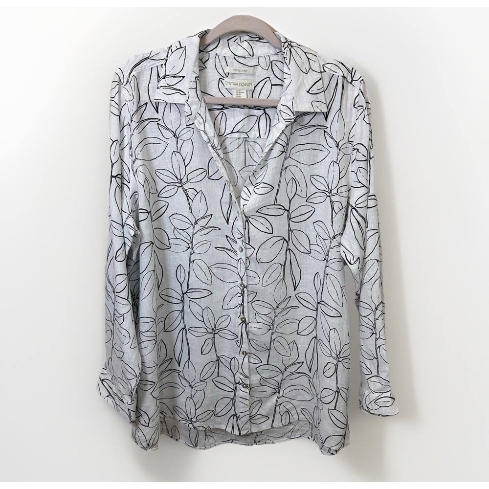 Cynthia Rowley 100% Linen Tunic Blouse Floral‎ White Black Roll Tab Sleeve XL